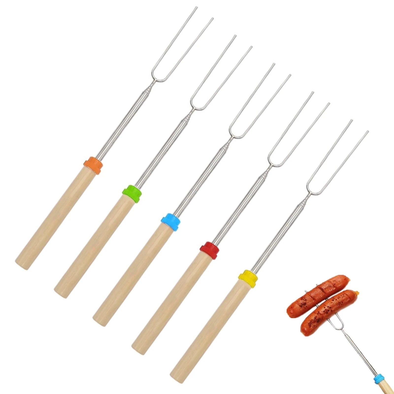 5 Pack Smores Kit, Extendable Stainless Steel Marshmallow Roasting Forks for Campfire, BBQ and Fire Pit, Telescopic Sticks with Wooden Handle for Outdoor Cooking