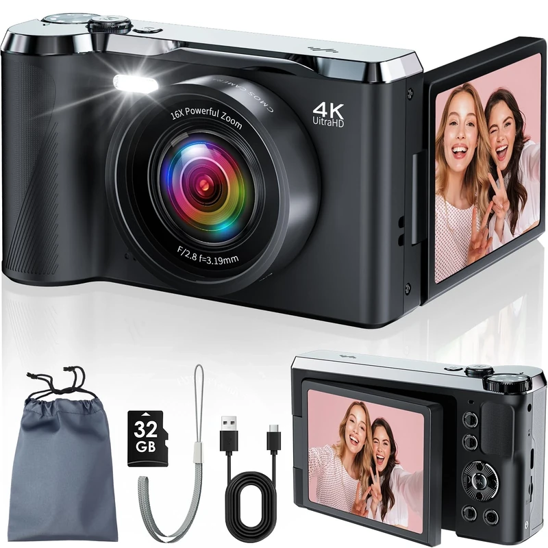 Digital Camera, 1080P Dual Vlogging Camera, Compact Digital Camera with 16X Digital Zoom, 32GB SD Card Included, Photography Camera for Kids Students Teens Beginners (Dark Black)