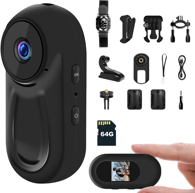 Magnetic Mini Body Camera 64G TF Card 120° Wide-angle 1080P Action Camera with 360° Back Clip Thumb Size Body Cameras with Audio and Video, Hands-Free POV Recording Helmet Cam for Cycling, Motorcycl