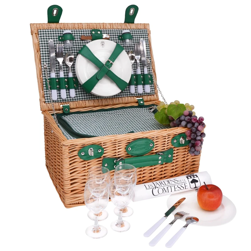 Les Jardins de la Comtesse Marly Picnic Basket, Wicker, Green, 4 kg, 46 x 31 x 23 cm, Service 4 People, Insulated Compartment - Image 1