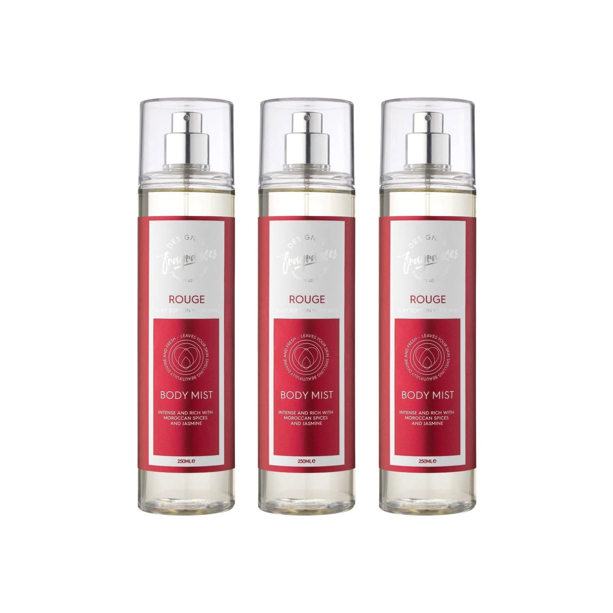 Designer Fragrances 3 Pack Rouge Bundle - Women's Feminine Body Mist Spray Bottles - For Silky Soft, Beautifully Smelling Divine & Fresh Skin, Revitalizing, Hydrating - Great Gifts - 250ml