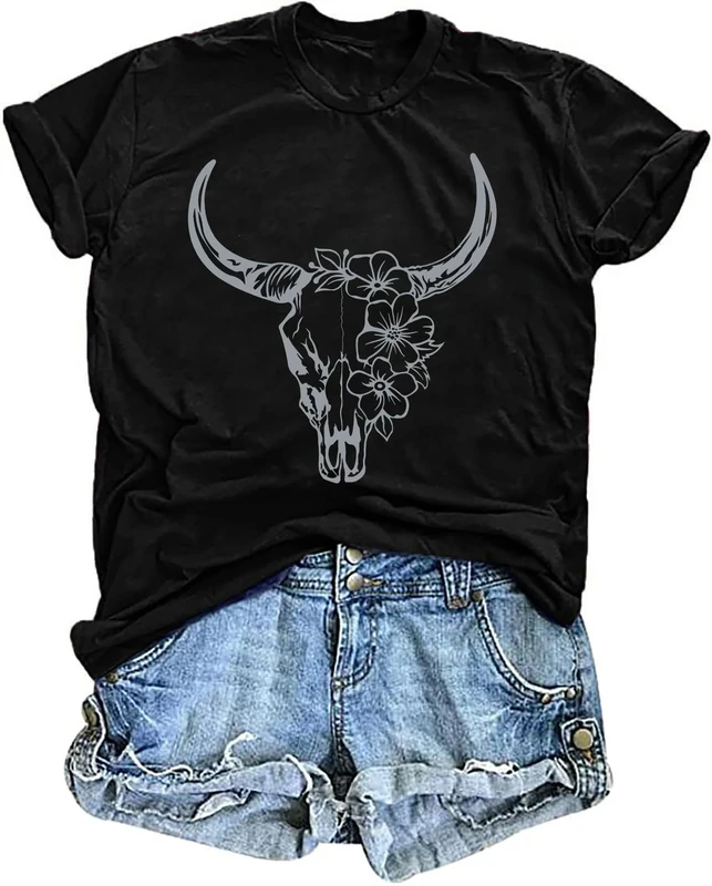 tiorhooe Cowgirl T Shirts for Women UK Bull Skull Tee Shirts Ladies Casual Howdy Short Sleeve