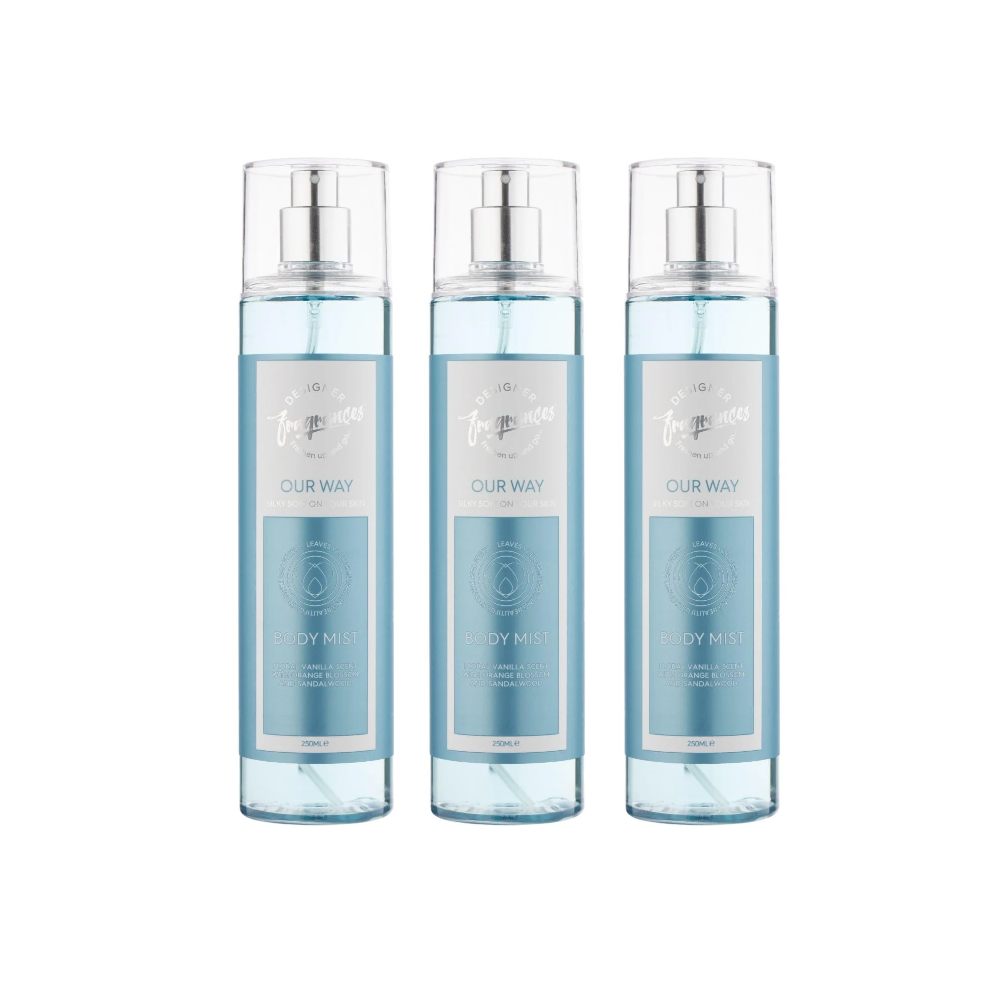 Designer Fragrances 3 Pack Our Way Bundle - Women's Feminine Body Mist Sprays - For Silky Soft, Beautifully Smelling Divine & Fresh Skin, Revitalizing, Hydrating - Great Gifts - 250ml