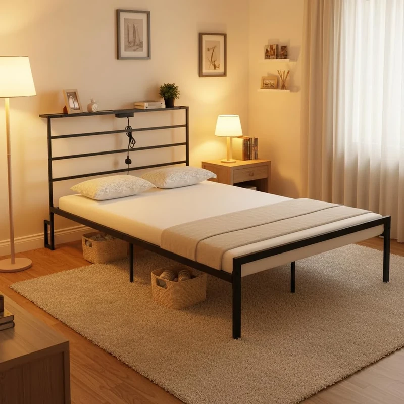 FurnitureR 4ft6 Double Bed Frame: Featuring a 4-Tier Storage Headboard, Robust Metal Platform Bed Design,For Twins Boys Girls Couple, 206x140x100Height