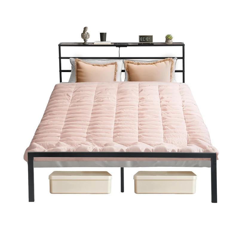 FurnitureR Metal Bed Frame, 140 x 206 cm Double Size, Black, with Headboard, 32cm Height Underbed Storage