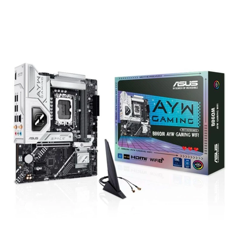 ASUS B860M AYW GAMING WIFI, Intel mATX Motherboard, LGA 1851 Socket, DDR5 Slot, PCIe 4.0, Two M.2 Slots, WIFI 6, Ethernet Realtek 2.5Gb, HDMI, SATA 6Gbps, 10Gbps USB Rear Port, Aura Sync