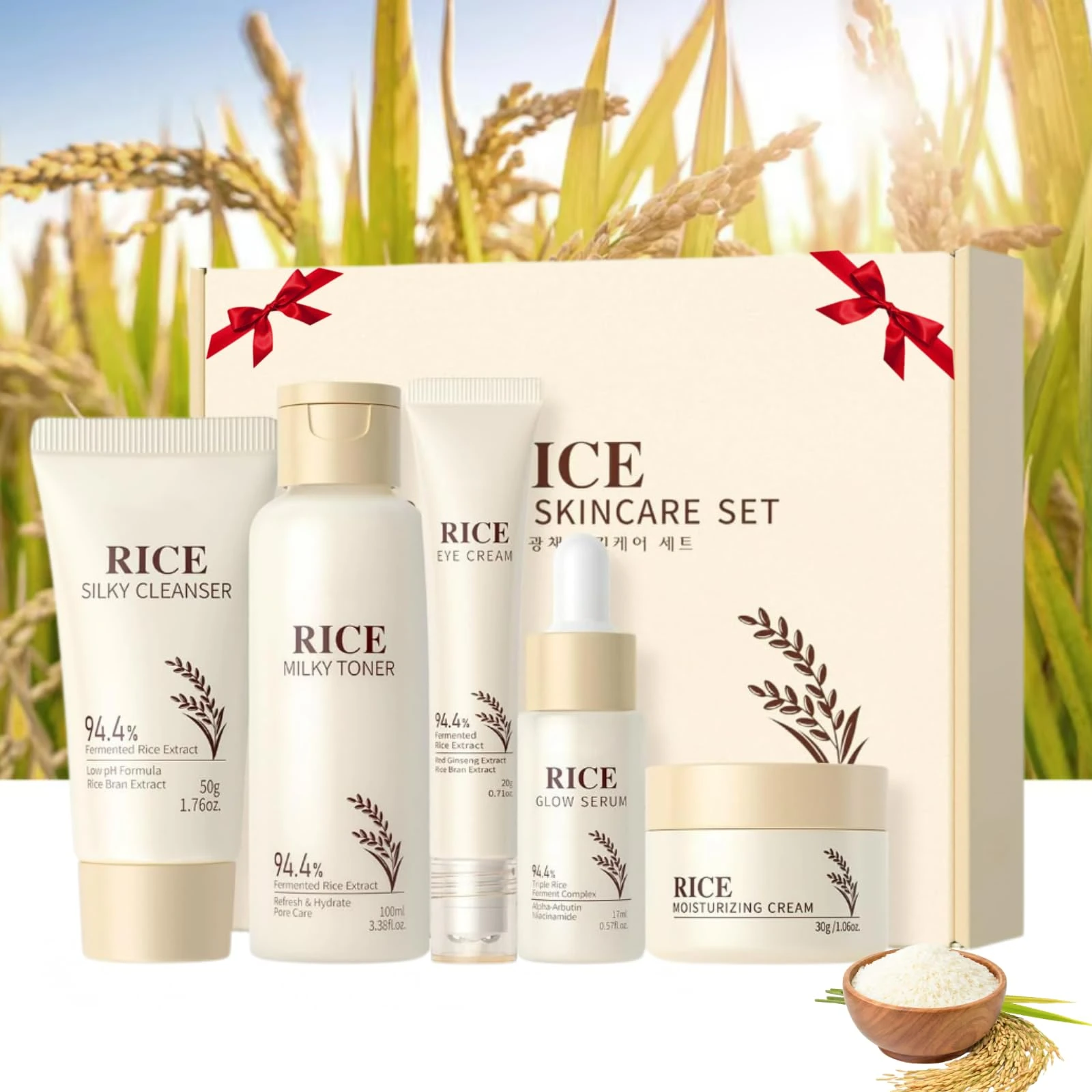 5-Step Korean Skincare Set, Glass Skincare Set,Rice Skin Care Sets : Rice Cleanser, Toner, Serum, Cream & Eye Cream. Facial Kit for Glowing Skin, Rice Raw Pulp Beauty Gift Set for Women & Men