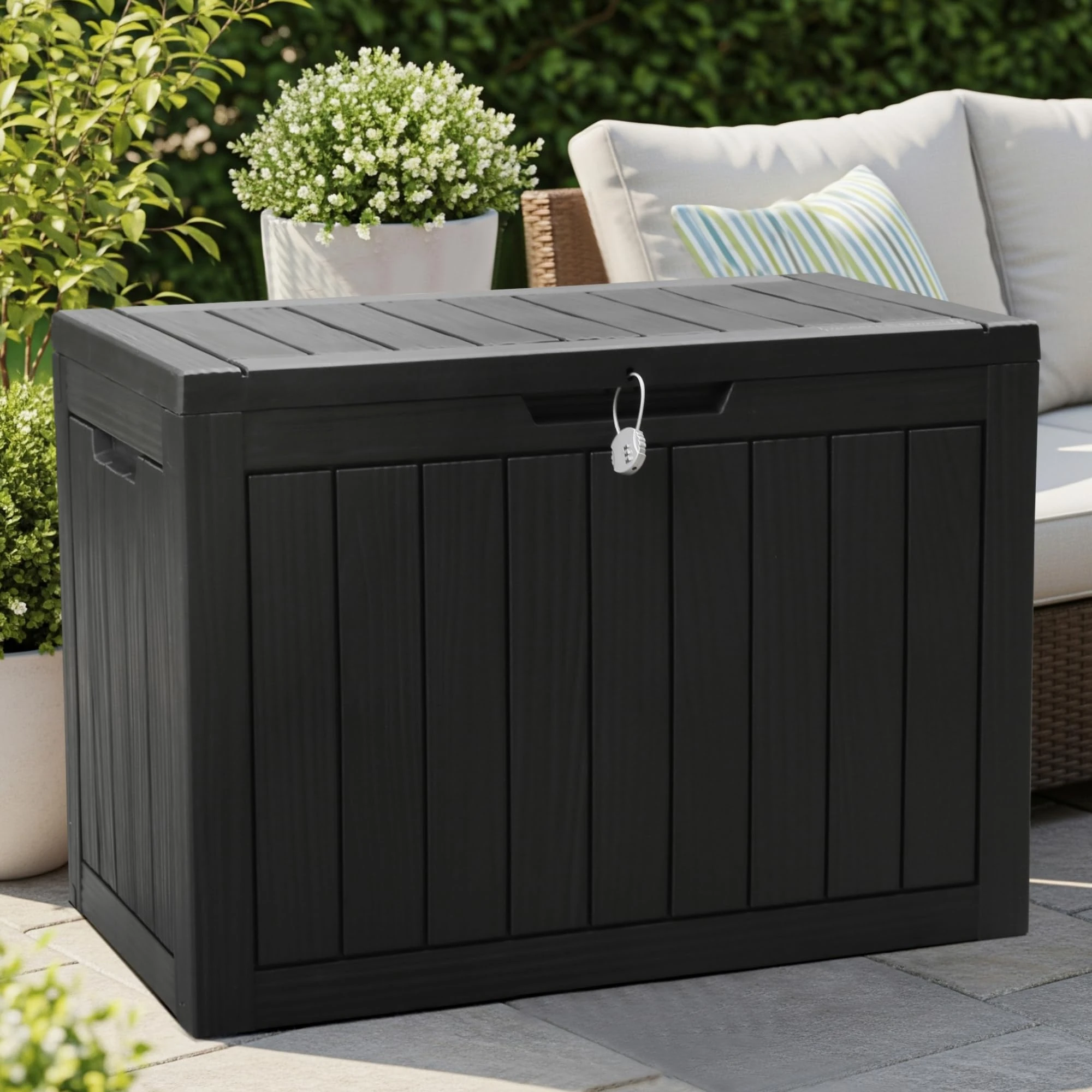 Olsen & Smith 170L Lockable Outdoor Garden Plastic Storage Box Container Chest - Small Lawn Balcony Furniture, Weather Resistant, Wood Panel Effect (Black)