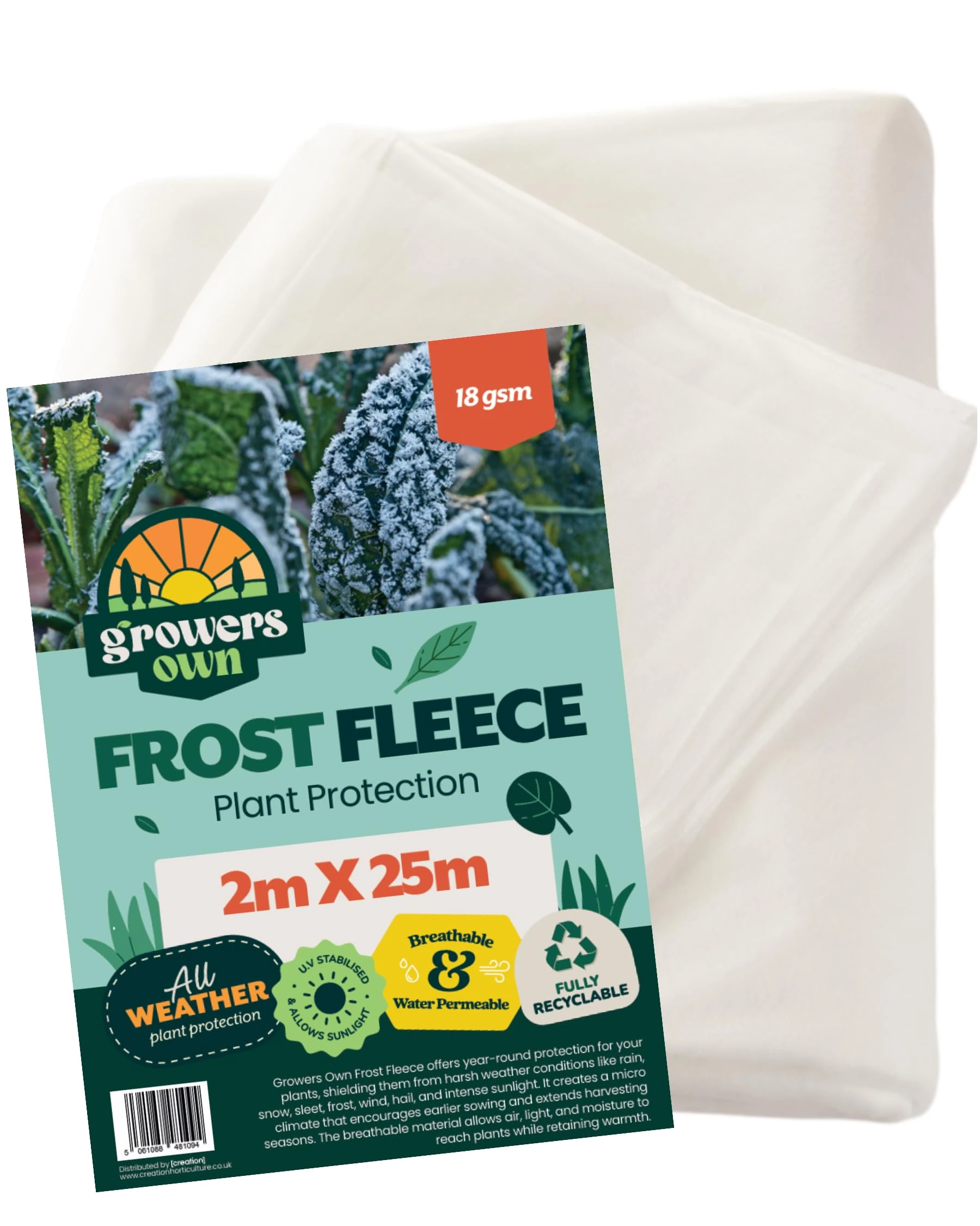 Growers Own Frost Fleece - 2m x 25m All Weather Plant Protection From Rain, Snow, Frost & Intense Sunlight. 18 GSM Crop Cover Made from UV Stabilised, Water Permeable & Breathable Fabric. 1 Pack