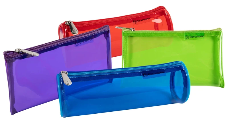 Exacompta - Ref 52670E - Box of 20 IDERAMA Transparent PVC Pencil Cases - 12 Round dim 22.5 x 7.5 cm - 8 Flat dim 22.5 x 1.5 x 12 cm - Colours Blue, red, Green, and Purple - Image 1