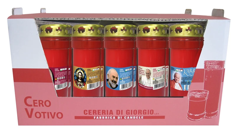 30 Votive Candles Dedicated to The Sacred Heart with Rain Cover – Red – Model P50 – 55 Hours