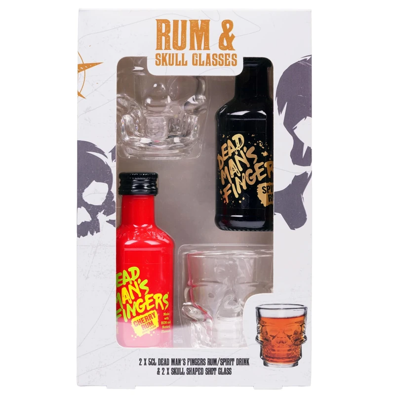 Dead Man’s Fingers 2 x 5cl Gift Pack and 2 x Skull Shaped Shot Glasses - contains Cherry spirit drink (32% ABV) and Spiced Rum (37.5% ABV) In a stylish gift pack, by Blue Tree Gifts.
