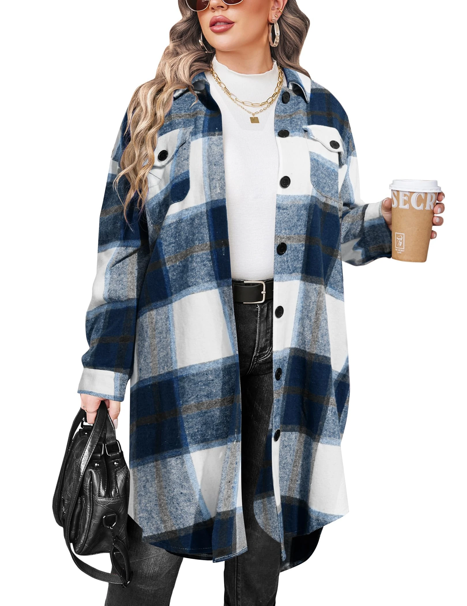 Women's Casual Plaid Lapel Woolen Button Up Pocketed Long Shacket Coat, Black Blue, Large