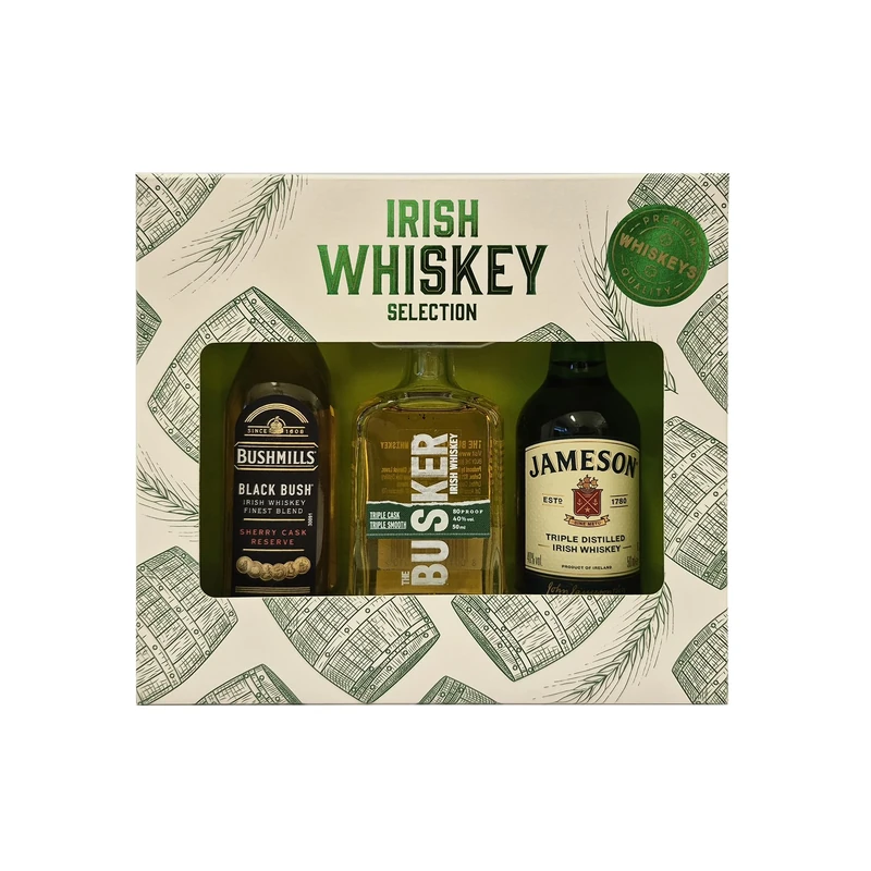 Irish Whiskey Trio – 3 x 5cl Jameson Triple Distilled (40% ABV), Bushmills Black Bush & Busker Triple Cask Smooth