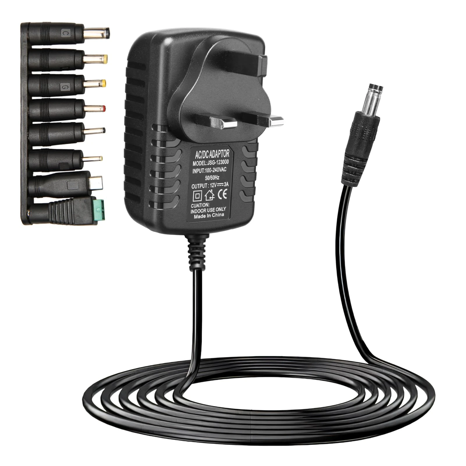 Universal 12V Power Supply Adapter, 3A 36W AC DC Charger Cord with 8 Interchangeable Tips 100-240V 50-60Hz 5.5x2.1mm Multi Plug Replacement 12V DC Power Supply, for LED Router CCTV Camera Laptop MP3/4