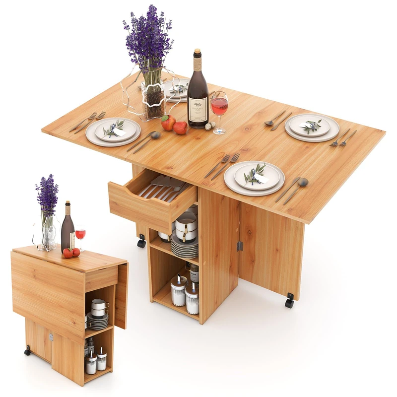 FANTASK Mobile Dining Table Folding Kitchen Table with 2 Wheels Small with 1 Drawer and 2 Shelves Wooden for Small Living Room Dining Room Kitchen - Image 1
