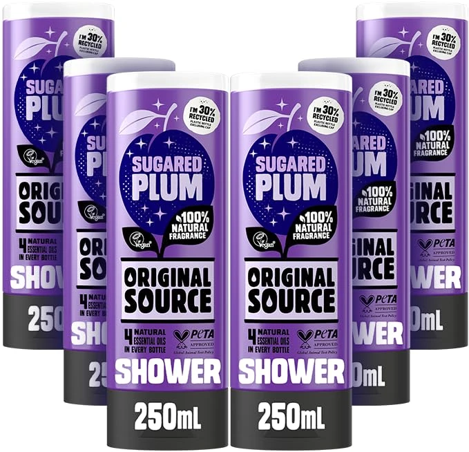 Original Source Sugared Plum Shower Gel with 100percent Natural Fragrance, Vegan Shower Gel, Paraben Free Body Shower Wash, Multipack of 6 x 250ml