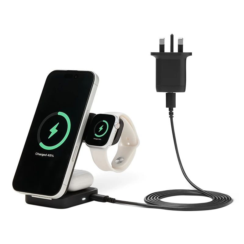 Amazon Basics 25W Qi2.2 Certified 3-in-1 Wireless Charging Station, MagSafe Compatible Foldable Stand for iPhone 17/16/15/14/13/12, Apple Watch, AirPods, with 45W Adapter, Black