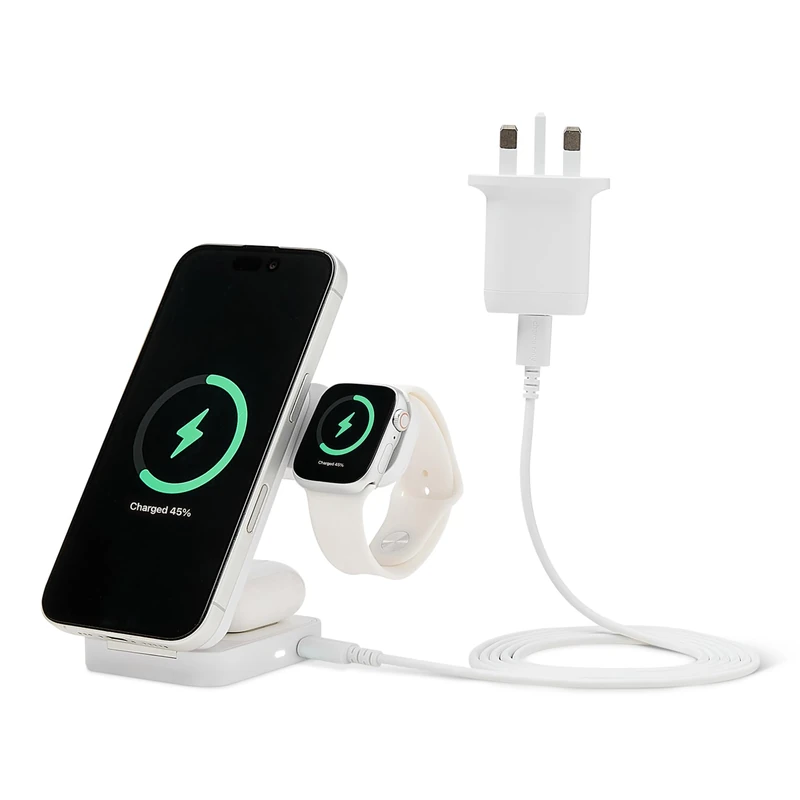 Amazon Basics 25W Qi2.2 Certified 3-in-1 Wireless Charging Station, MagSafe Compatible Foldable Stand for iPhone 17/16/15/14/13/12, Apple Watch, AirPods, with 45W Adapter, White