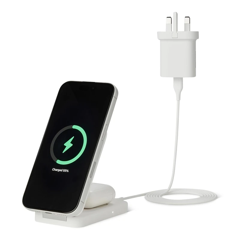 Amazon Basics 25W Qi2.2 Certified Wireless Charging Station, MagSafe Compatible, Foldable 2-in-1 Charger for iPhone 17/16/15/14/13/12, AirPods, with 45W Adapter, White