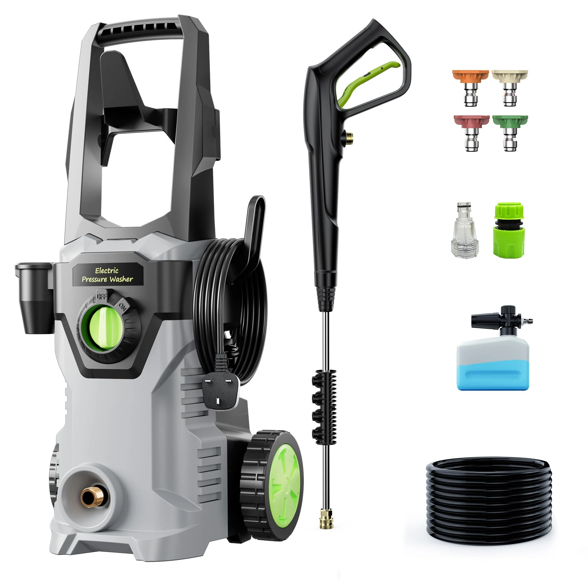 PATOOLIO Pressure Washer, 160Bar 450L/H Electric Pressure Washers with 48 Feet Total Long High Pressure Washer Foam Cannon, 4 Nozzles for Cars, Fences, Patios, Decks, Patios and Driveway