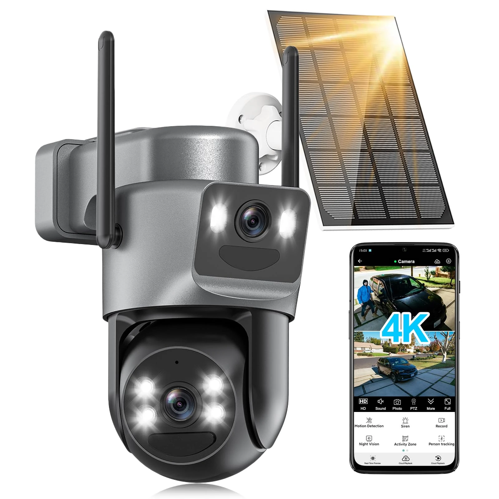 Abiso 4K Solar Security Camera Outdoor Wireless, 5GHz/2.4GHz WiFi 360° PTZ Cameras for Home Security with Dual Lens, Motion Detection, Auto Tracking, Siren, Color Night Vision, 2-Way Audio, IP66