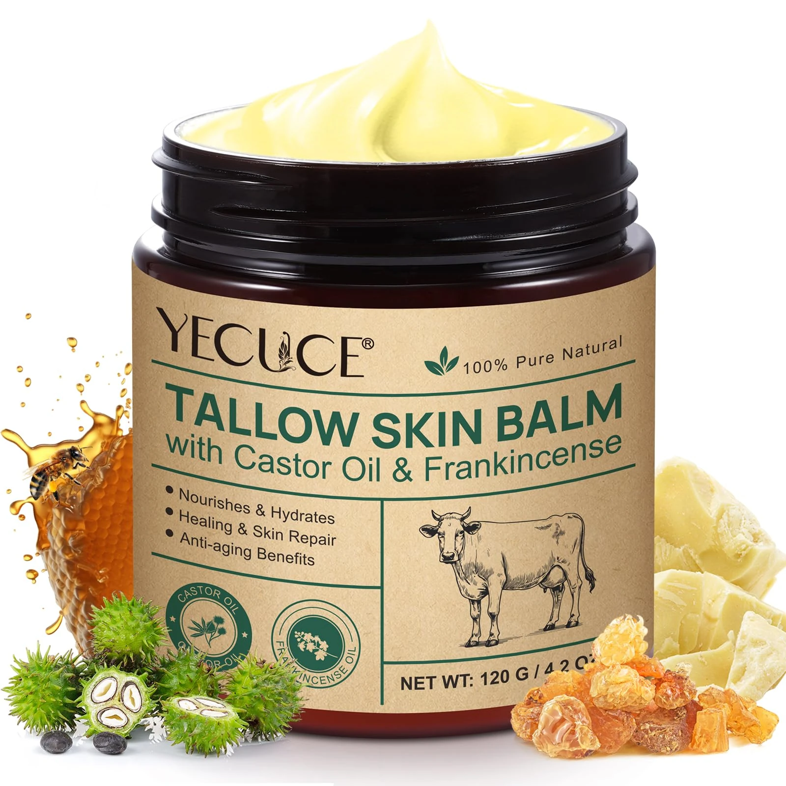 Tallow Castor Oil Frankincense Oil Skin Balm 120g, 100% Grass-Fed Beef Tallow Skin Care, Face & Body Moisturizer for All Skin, Natural & Handmade, Healing & Skin Repair