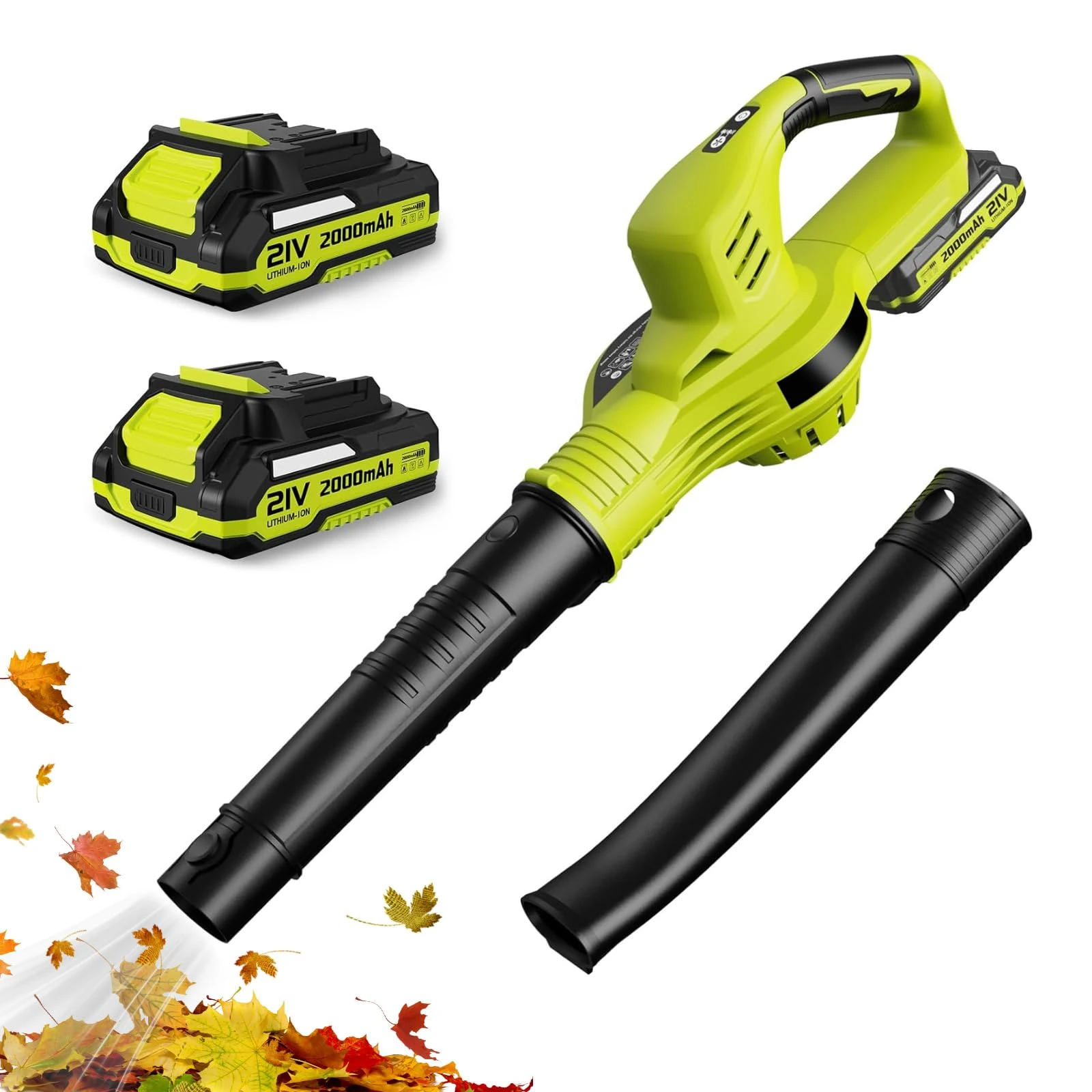 Cordless Leaf Blower 21V - 3000W, Garden Blower with 2 Blow Tubes, Portable Leaf Blower with Battery and Charger, 2 Speeds (200 km/h Max), Lightweight 1.6 kg, Cleaning Leaves, Snow & Dust (GREEN)