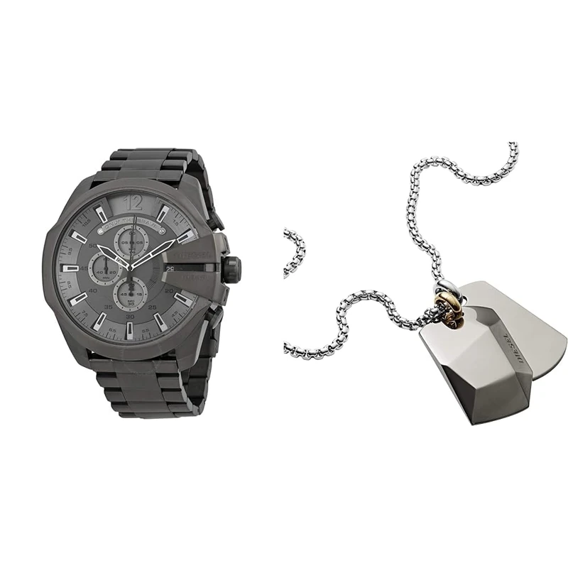 Diesel Men's Mega Chief Grey Stainless Steel Watch and Silver-Tone Necklace, Set