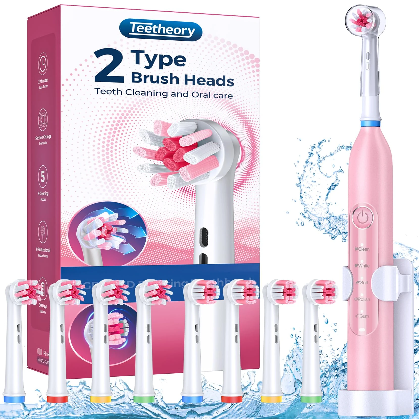 TEETHEORY Pink Electric Toothbrush for Adults, Rotating Travel Toothbrush with 8 Brush Heads (2 Types), 2.5H Fast Charge, 5 Cleaning Modes, 2.5H Fast Charge, IPX7 Waterproof