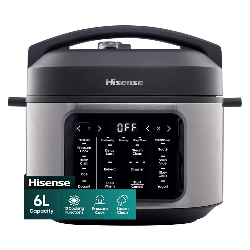 Hisense HMC6SBUK Electric Multi-Cooker 6L, 10 Programmes, Pressure Cooker, Slow Cooker, Rice Cooker, Food Steamer, Stainless Steel