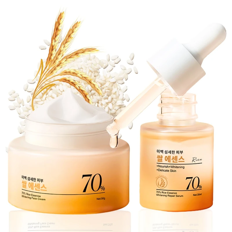 Rice Face Cream & Serum Korean Skincare Set – Hydrating Korean Skincare Duo with Rice Extract, Niacinamide & Hyaluronic Acid – Moisturiser and Serum for Even Skin Tone & Firm, Korean Glass Skin Care