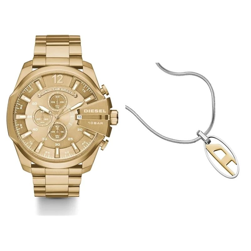 Diesel Men's Mega Chief Gold-Tone Stainless Steel Watch and Silver-Tone Necklace, Set