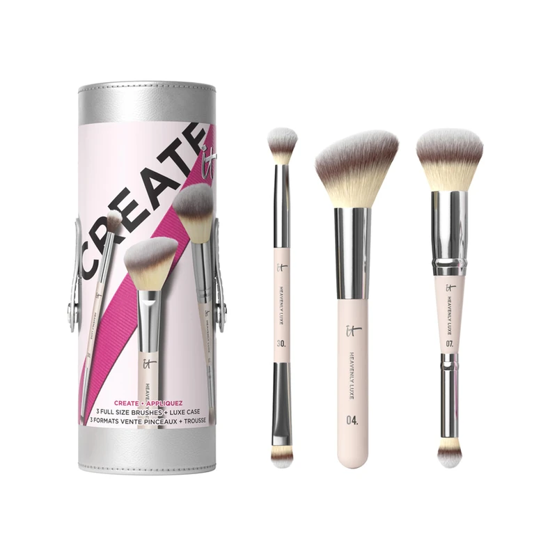 IT Cosmetics Heavenly Luxe Full-Size Makeup Brush Set, Limited-Edition 4-Piece Collection with Foundation, Concealer, Eyeshadow, Blush Brushes and Transforming Travel Case