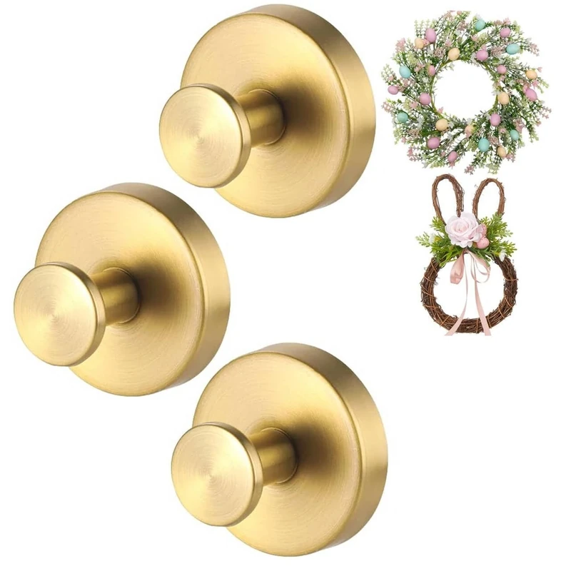Guojanfon Wreath-Hanger, Strong Stainless Steel Suction-Cup-Wreath-Hooks, 3 Pack Wreath-Door-Hanger Fall Halloween Christmas Decorations, Welcome Sign for Front Door Indoor Outdoor (3 Gold, 3)