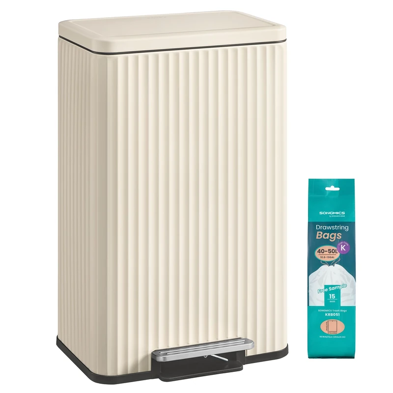 SONGMICS Kitchen Bin, 13 Gallon (50 L) Waste Bin with Pedal, Soft-Close Lid, and Removable Inner Bucket, Steel, 15 Rubbish Bags (Code K) Included, Cream White LTB586LZ02