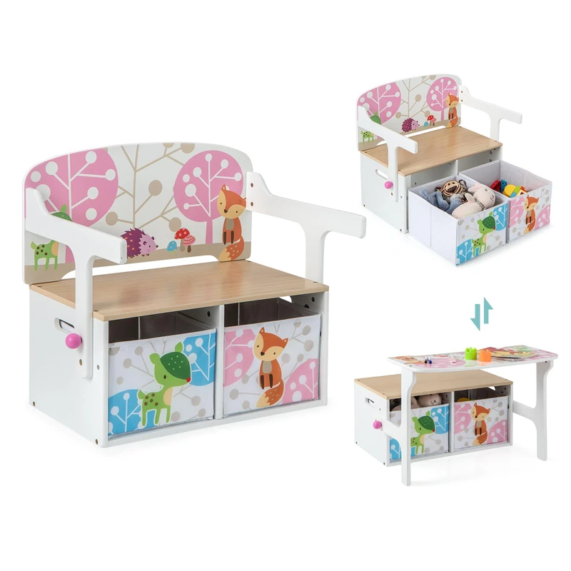 FANTASK 3-in-1 Children's Bench, Children's Table Chair Set with 2 Fabric Boxes, Children's Seating Set with Storage Space and Armrests for Children's Room (White) - Image 1