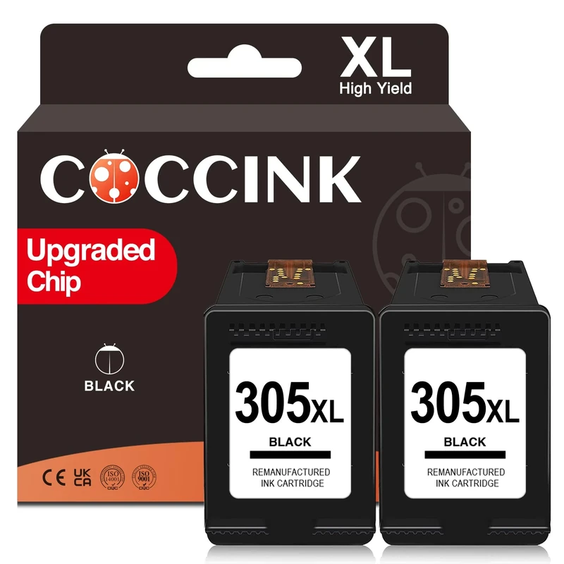 COCCINK 305XL Ink Cartridge Replacement for HP 305 XL Black Compatible with Deskjet 4200e 4220e 4222e 2810e 2820e 2800e 2700 2710 Envy 6020e 6022e 6032e 305 Printer Ink (2 Black Pack)
