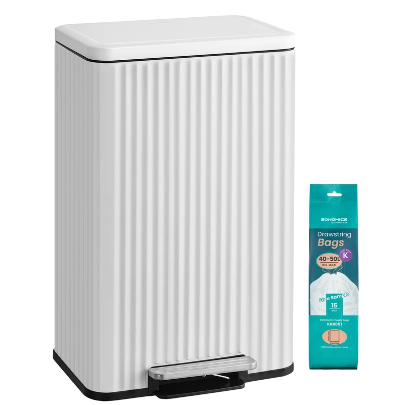 SONGMICS Kitchen Bin, 13 Gallon (50 L) Waste Bin with Pedal, Soft-Close Lid, and Removable Inner Bucket, Steel, 15 Rubbish Bags (Code K) Included, Cloud White LTB586WZ02