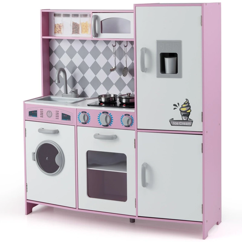 GYMAX Kids Play Kitchen, Wooden Toy Kitchen with Microwave, Ice Maker, Washing Machine, Oven, Stove, Sounds, Lights and Cookware Accessories, Pretend Kitchen Playset for Boys Girls (Pink) - Image 1