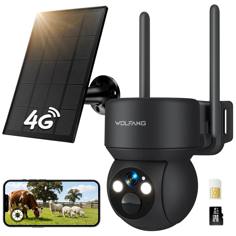 WOLFANG No WiFi Security Camera, 4G CCTV Camera with Sim Card, Camera Wireless Outdoor, Solar Powered, Night Vision, Spotlight, 2K HD, Local Recording, 2-Way Audio, PIR Motion, 32GB SD Card