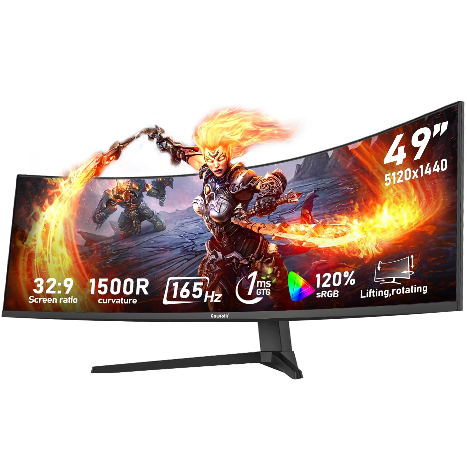 Gawfolk 49 inch Ultra-Wide Curved 1500R Gaming Computer Monitor, DQHD(5120×1440), 165Hz, 1MS, FreeSync, 120% sRGB, Height Adjustable PC Screen, HDMI2.1,DP1.4, Compatible Wall Mount 100 * 100mm- Black