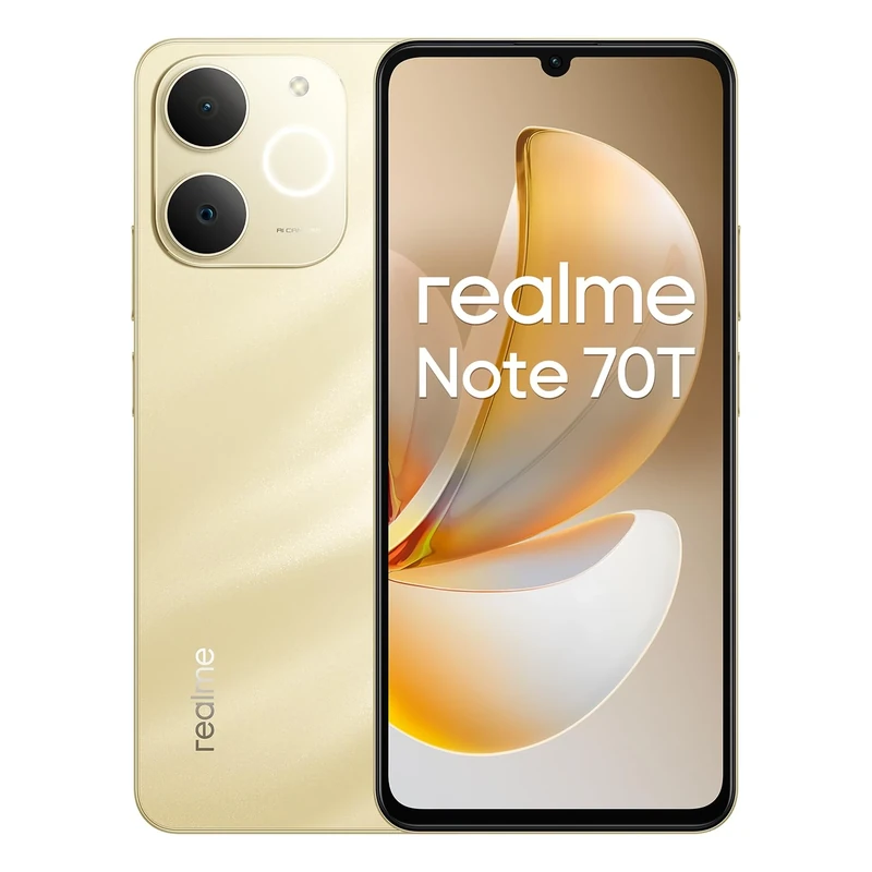 realme Note 70T 4G Smartphone 4+64GB, Gold, 6.75-inch screen, 90Hz display, 6000 mAh battery, 32 MP camera, powerful octa-core processor, ArmorShell Protection, IP54