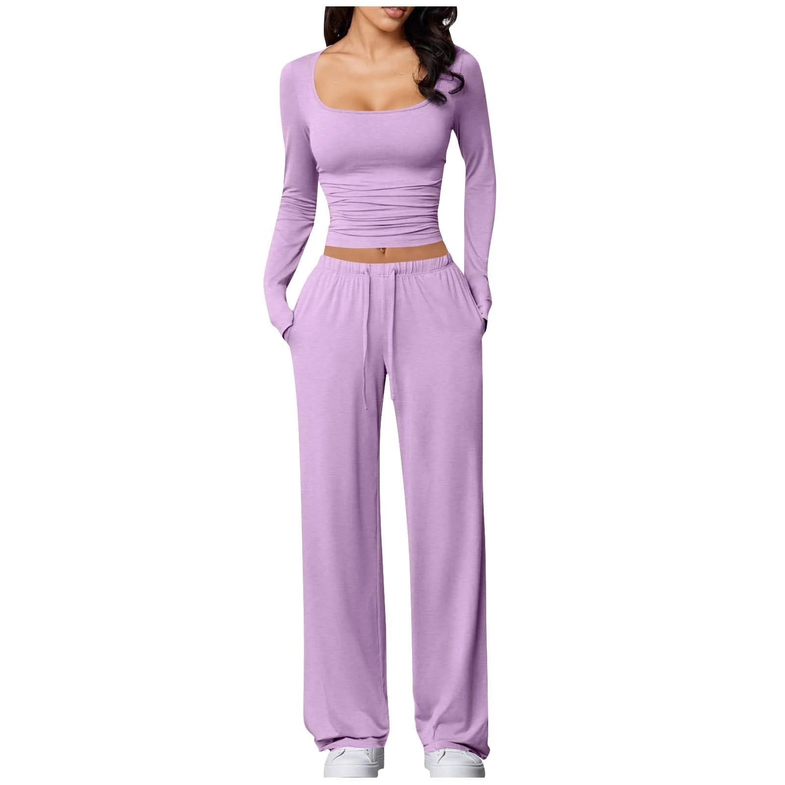 Women 2 Piece Set Outfit Casual Tracksuit Long Sleeve Crop Tops and Drawstring High Elastic Waisted Wide Leg Pants Ladies Square Neck Classic Comfy Elegant Yoga Joggers Suit Lounge Wear