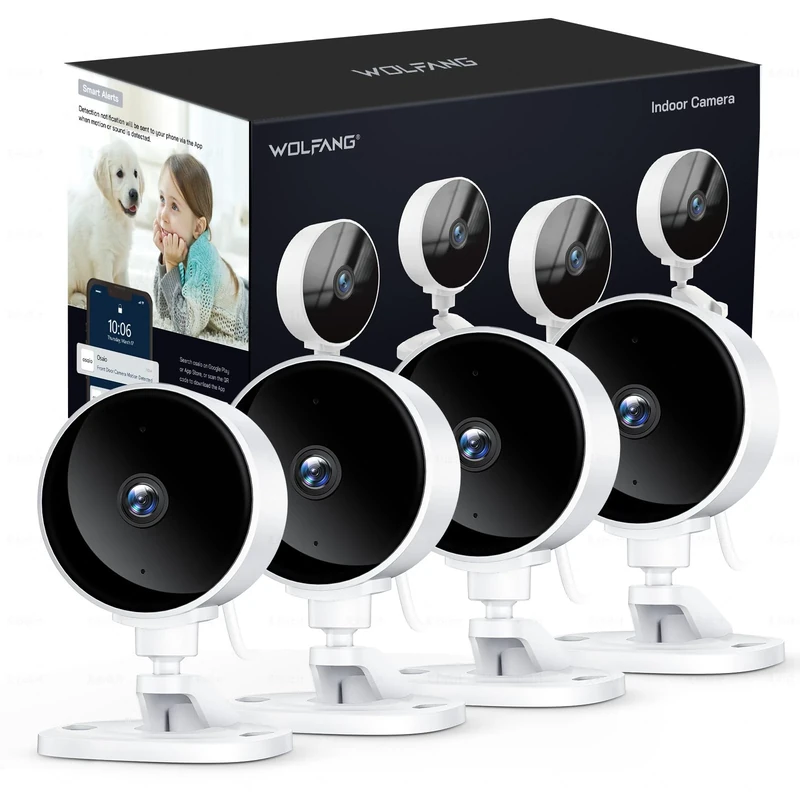 WOLFANG 1080P Indoor Security Camera 4 Pack, Mini WiFi CCTV Camera for Home Security, Night Vision, Motion Detection, Two Way Audio, 2.4G WiFi, SD & Cloud Storage, Alarm Alert