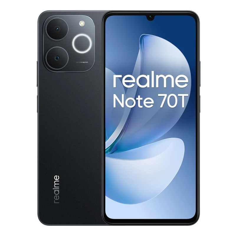 realme Note 70T 4G Smartphone 4+64GB, Black, 6.75-inch screen, 90Hz display, 6000 mAh battery, 32 MP camera, powerful octa-core processor, ArmorShell Protection, IP54