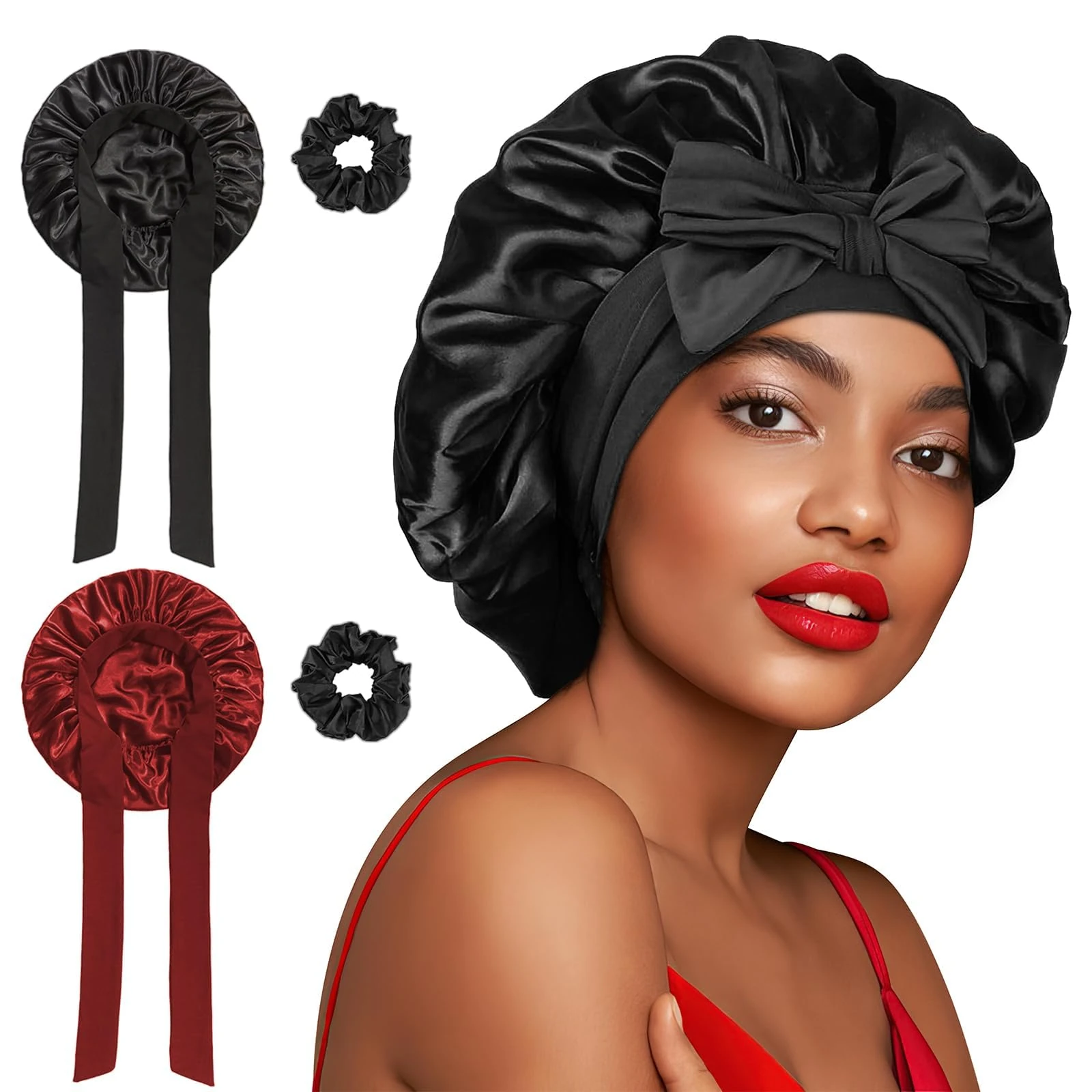 FOLAI Silk Bonnet, Satin Bonnets for Sleeping, 2 PCS Adjustable Silk Bonnet for Women and Hairs Band, for Sleeping, Hairs Bonnets with Tie Band for Curly Hair Braid Women Black+Red