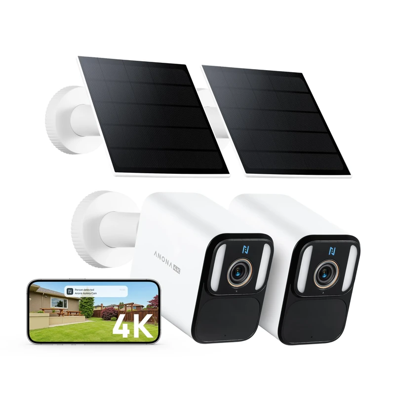 Anona Aurora 4K Solar Security Cameras Wireless Outdoor, Forever Power with Solar Panel, 8MP Color Night Vision, 24/7 AOV Recording, No Monthly Fees, AI Detection, Easy Setup, 2.4 G WiFi, IP67, 2 Pack