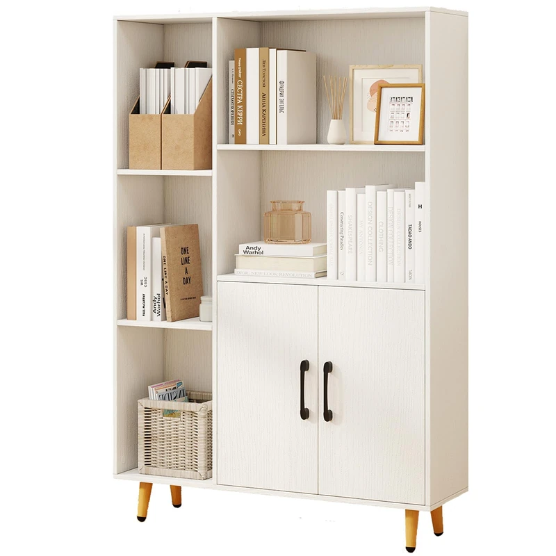 SFAREST Wooden Storage Bookcase, Free Standing Tall Cupboard with Doors & Open Shelves, Home Office Display Cabinet Bookshelf for Living Room Dinning Bedroom Hallway(White,80 x 23 x 119cm)