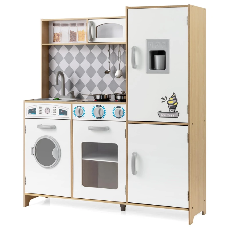 GYMAX Kids Play Kitchen, Wooden Toy Kitchen with Microwave, Ice Maker, Washing Machine, Oven, Stove, Sounds, Lights and Cookware Accessories, Pretend Kitchen Playset for Boys Girls (Natural)